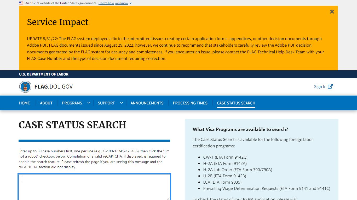 Case Status Search | Flag.dol.gov